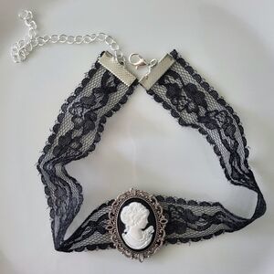Black Lace Cameo Choker Necklace – Victorian Gothic Style, Silver-Tone Filigree